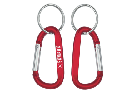 Red carabiner with white logo