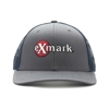 Image of a gray hat with blue mesh back and white and red Exmark logo