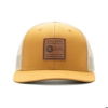 Image of a yellow hat with white mesh back and leather Exmark patch