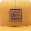 Image of a yellow hat with white mesh back and leather Exmark patch