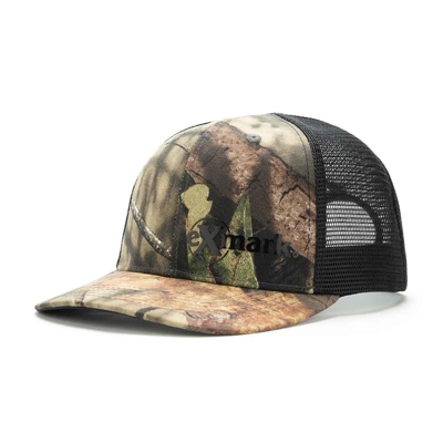 Image of a camo hat with black mesh back and black Exmark logo