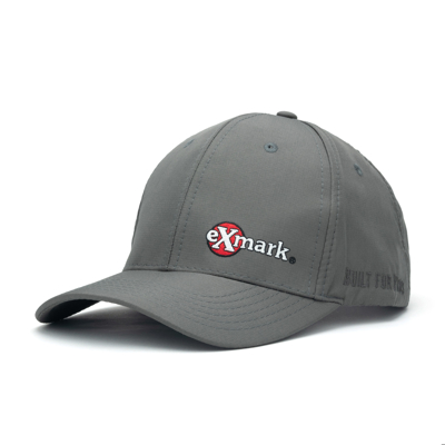 A gray baseball cap with the Exmark logo embroidered on the front left panel.