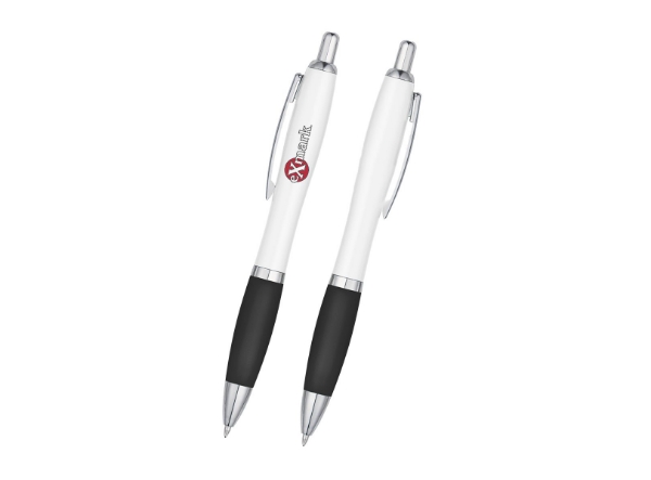 White ballpoint pen with black grip and Exmark logo